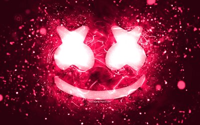 Marshmello pink logo, 4k, Christopher Comstock, pink neon lights, creative, pink abstract background, DJ Marshmello, Marshmello logo, american DJs, Marshmello