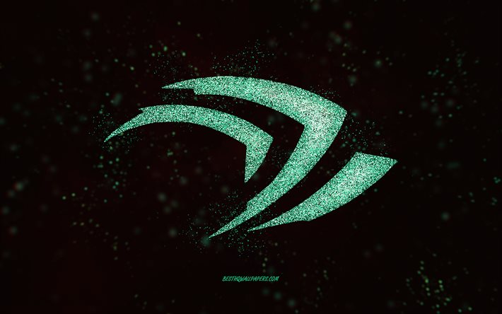 شعار Nvidia اللامع, خلفية سوداء 2x, شعار Nvidia, الفن بريق أخضر, نفيديا, فني إبداعي, شعار لمعان نفيديا الأخضر
