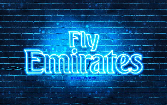 Emirates Airlines blue logo, 4k, blue brickwall, Emirates Airlines logo, airline, Emirates Airlines neon logo, Emirates Airlines, Fly Emirates