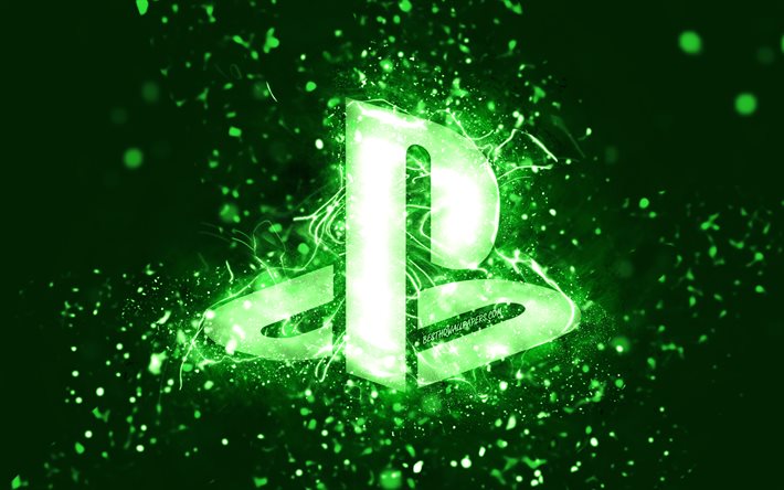 PlayStation green logo, 4k, green neon lights, creative, green abstract background, PlayStation logo, PlayStation