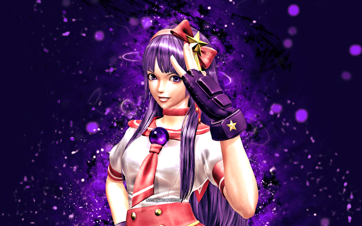 Athena Asamiya, 4k, violet neon lights, SNK, artwork, manga, The King of Fighters characters, Athena Asamiya SNK