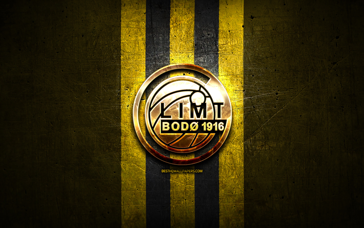 Bodo Glimt FC, golden logo, Eliteserien, yellow metal background, football, norwegian football club, FK Bodo Glimt logo, soccer, FK Bodo Glimt