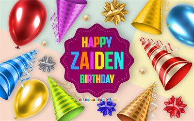 Happy Birthday Zaiden, 4k, Birthday Balloon Background, Zaiden, creative art, Happy Zaiden birthday, silk bows, Zaiden Birthday, Birthday Party Background