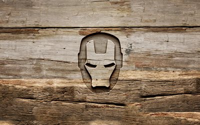 Iron Man wooden logo, 4K, wooden backgrounds, superheroes, Iron Man logo, creative, IronMan, wood carving, Iron Man