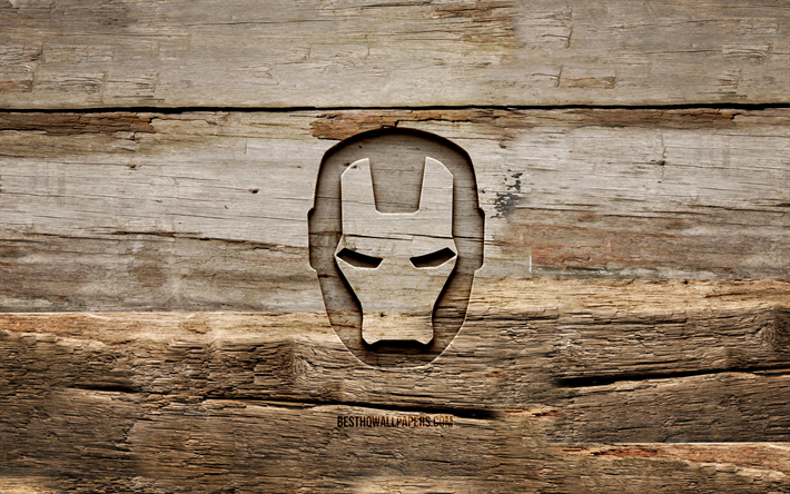 logotipo de madera de iron man, 4k, fondos de madera, superh&#233;roes, logotipo de iron man, creativo, ironman, talla de madera, iron man