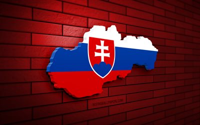 carte de la slovaquie, 4k, mur de brique rouge, les pays européens, la silhouette de la carte de la slovaquie, le drapeau de la slovaquie, l europe, la carte slovaque, le drapeau slovaque, la slovaquie, la carte 3d slovaque