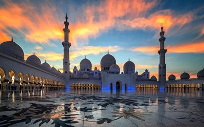 sheikh zayed grand mosque, abu dhabi, st&#246;rsta mosk&#233;n, f&#246;renade arabemiraten, kv&#228;ll, solnedg&#229;ng