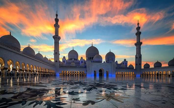 シェイクザイードグランドモスク, アブダビ, 最大のモスク, アラブ首長国連邦, 夜, 日没