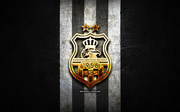 es setif, logotipo dorado, ligue professionnelle 1 argelina, fondo de metal negro, f&#250;tbol, ​​club de f&#250;tbol argelino, logotipo de es setif