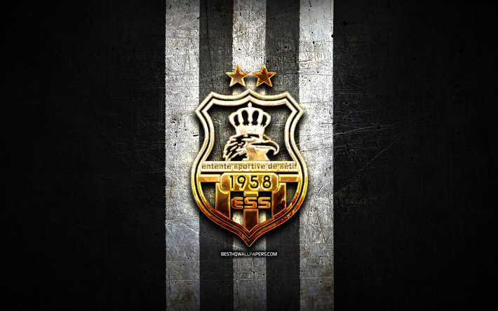 ES Setif, golden logo, Algerian Ligue Professionnelle 1, black metal background, football, Algerian football club, ES Setif logo, soccer