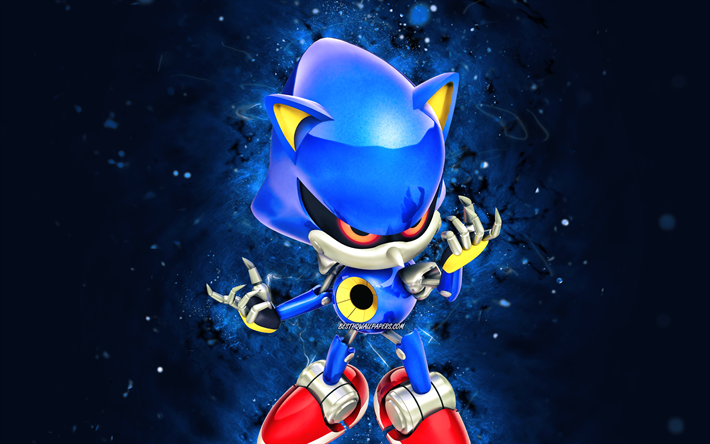 Metal Sonic the Hedgehog, 4K, blue neon lights, Sonic Underground, Blue Sonic, creative, Metal Sonic the Hedgehog 4K