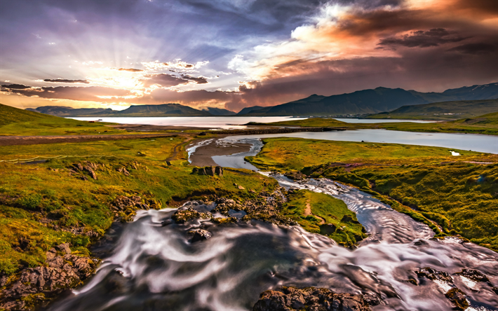 fiume kirkjufell, sera, tramonto, paesaggio di montagna, valle, montagna di kirkjufell, islanda