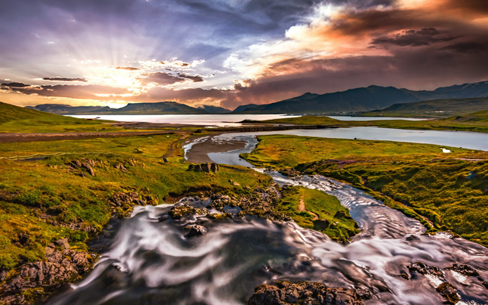 Kirkjufell River, evening, sunset, mountain landscape, valley, Kirkjufell mountain, Iceland