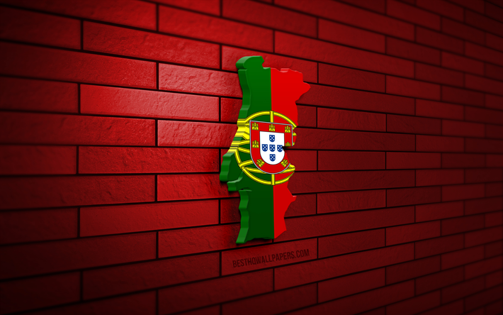 mapa de portugal, 4k, pared de ladrillo rojo, pa&#237;ses europeos, silueta del mapa de portugal, bandera de portugal, europa, mapa portugu&#233;s, bandera portuguesa, portugal, mapa 3d portugu&#233;s