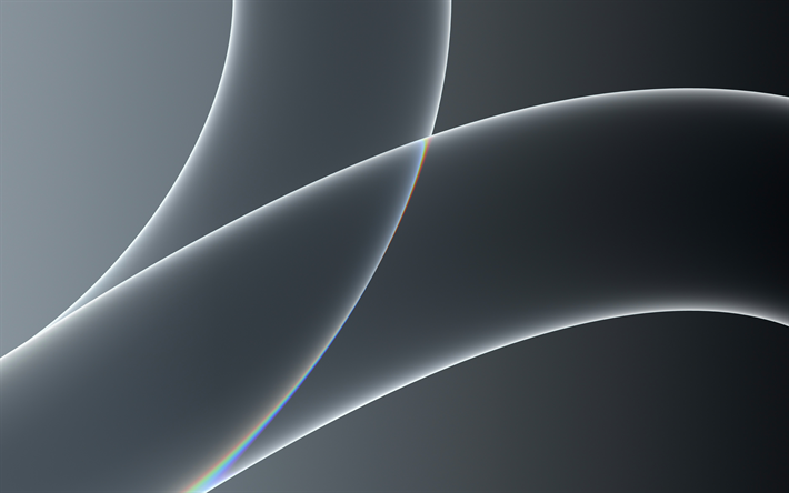 白いネオン光線, 4k, 灰色の背景, 抽象的な波, 波状のパターン, ネオン波