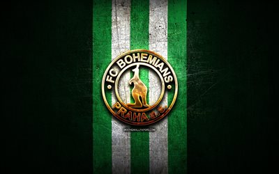 Bohemians Praha FC, golden logo, Czech First League, green metal background, football, czech football club, Bohemians Praha logo, soccer, Bohemians Praha 1905