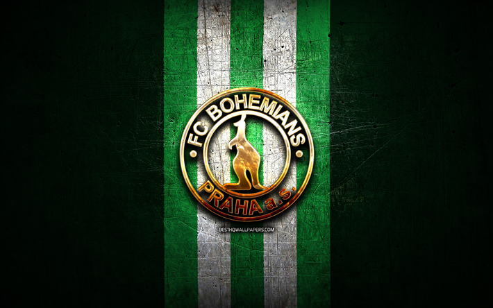 ボヘミアンズプラハfc, 金色のロゴ, チェコファーストリーグ, 緑の金属の背景, フットボール, チェコのサッカークラブ, ボヘミアンズプラハのロゴ, サッカー, ボヘミアンズプラハ1905年