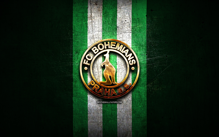 bohemians praha fc, altın logo, &#231;ek birinci ligi, yeşil metal arka plan, futbol, ​​&#231;ek futbol kul&#252;b&#252;, bohemians praha logo, bohemians praha 1905