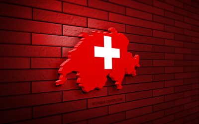 スイスの地図, 4k, 赤レンガの壁, 欧州諸国, スイスの地図のシルエット, スイス国旗, ヨーロッパ, スイス, スイスの旗, スイスの3dマップ