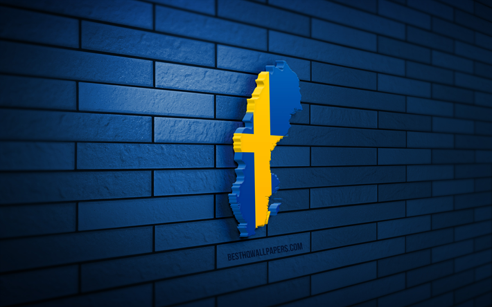 Sweden map, 4k, blue brickwall, European countries, Sweden map silhouette, Sweden flag, Europe, Swedish map, Swedish flag, Sweden, flag of Sweden, Swedish 3D map
