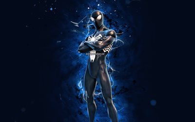 symbiote suit spider-man, 4k, luci al neon blu, fortnite battle royale, personaggi fortnite, symbiote suit spider-man skin, fortnite, symbiote suit spider-man fortnite