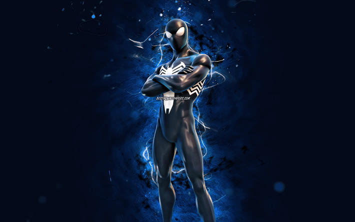 symbiote suit spider-man, 4k, luces de ne&#243;n azules, fortnite battle royale, personajes de fortnite, symbiote suit spider-man skin, fortnite, symbiote suit spider-man fortnite