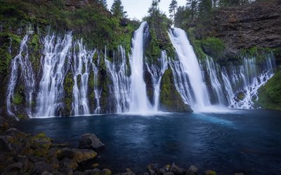 Burney Falls, waterfall, Burney Creek, evening, sunset, mountain waterfall, California, USA