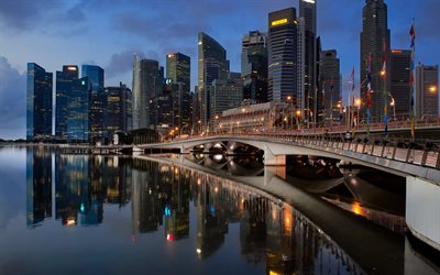 singapore, esplanade bridge, singapore river, kv&#228;ll, solnedg&#229;ng, singapore skyskrapor, singapore stadsbild, skyline, moderna byggnader, asien