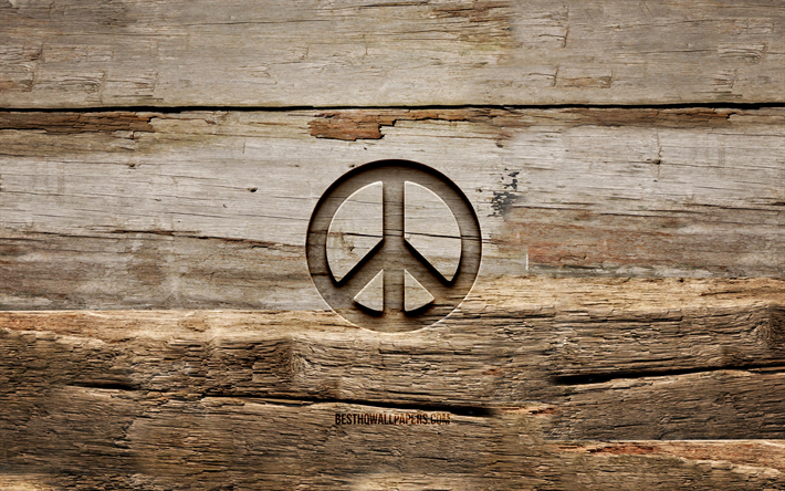 Peace wooden sign, 4K, wooden backgrounds, creative, Peace symbol, Peace sign, wood carving, Peace