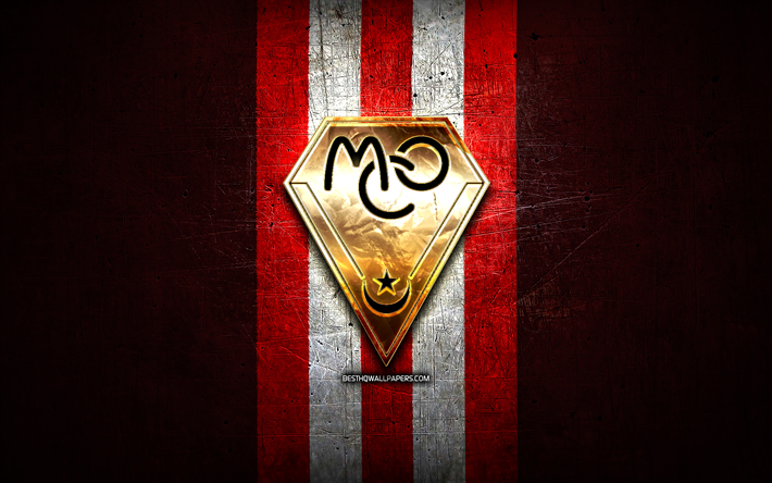 MC Oran, golden logo, Algerian Ligue Professionnelle 1, red metal background, football, Algerian football club, MC Oran logo, soccer, Mouloudia Club Oranais