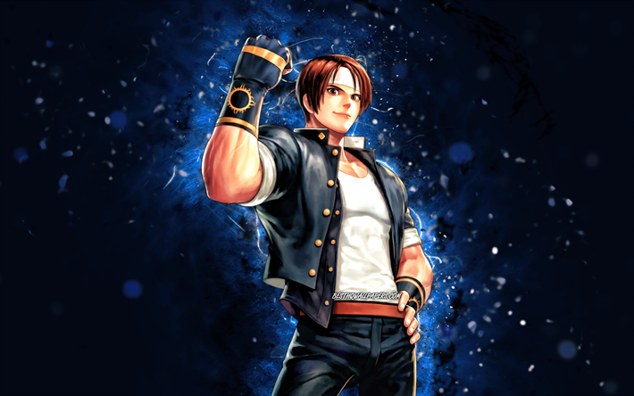 kyo kusanagi, 4k, luzes de neon azuis, the king of fighters all star, snk, protagonista, the king of fighters series, kyo kusanagi snk