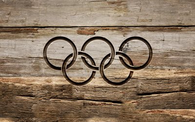 Olympic rings wooden sign, 4K, wooden backgrounds, Olympic rings symbol, creative, wood carving, Olympic rings