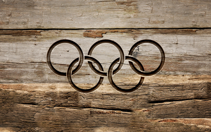 オリンピックリング木製看板, 4k, 木製の背景, オリンピックリングのシンボル, クリエイティブ, 木彫り, オリンピックリング