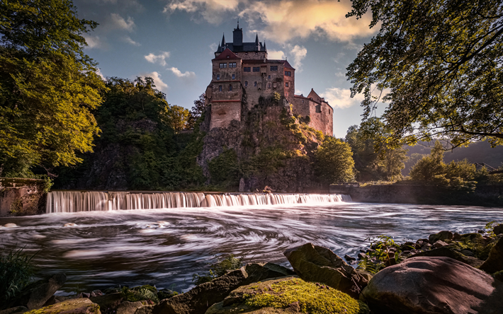 Kriebstein Castle, Zschopau River, evening, sunset, German castles, ancient castle, Saxony, Germany, Zschopau
