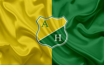CD Atletico Huila, 4k, logo, Colombian football club, silk texture, yellow green flag, Categoria Primera A, Neiva, Colombia, football, Liga Aguila