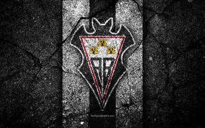 4k, FC Albacete, logo, Segunda Division, soccer, black stone, football club, Spain, Albacete, LaLiga2, asphalt texture, Albacete FC