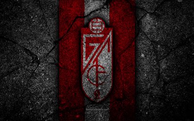 4k, FC Granada, logo, Segunda Division, soccer, black stone, football club, Spain, Granada CF, LaLiga2, asphalt texture, Granada FC