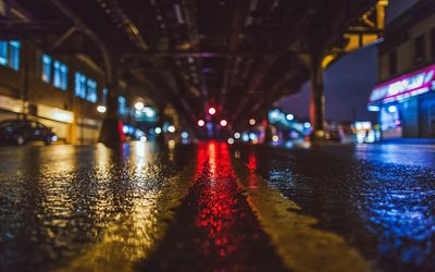 New York, gece, yağmur, ıslak yol, sokak, USA, Amerika