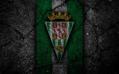 4k, FC Cordoba, logo, Segunda Division, soccer, black stone, football club, Spain, Cordoba CF, LaLiga2, asphalt texture, Cordoba FC