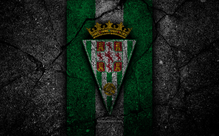 4k, FC Cordoba, logo, Segunda Division, futbol, siyah taş, Futbol Kul&#252;b&#252;, İspanya, Cordoba CF, LaLiga2, asfalt doku, Cordoba FC