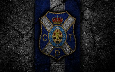 4k, FC Tenerife, logo, Segunda Division, soccer, black stone, football club, Spain, CD Tenerife, LaLiga2, asphalt texture, Tenerife FC