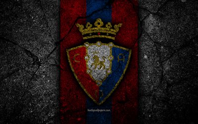 4k, FC Osasuna, logo, Segunda Division, soccer, black stone, football club, Spain, CA Osasuna, LaLiga2, asphalt texture, Osasuna FC