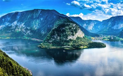 Lago Hallstatt, 4k, montanhas, ver&#227;o, Alpes, HDR, De Hallstatt, &#193;ustria