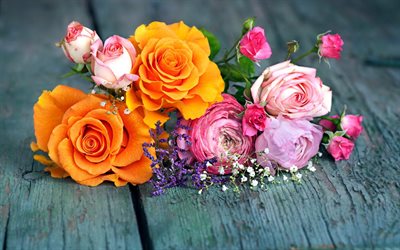 decora&#231;&#227;o de flores, rosa laranja, bot&#245;es de flores, rosas cor-de-rosa, primavera