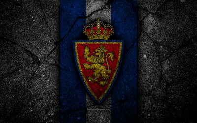 4k, FC Real Zaragoza, logo, Segunda Division, soccer, black stone, football club, Spain, Real Zaragoza, LaLiga2, asphalt texture, Real Zaragoza FC