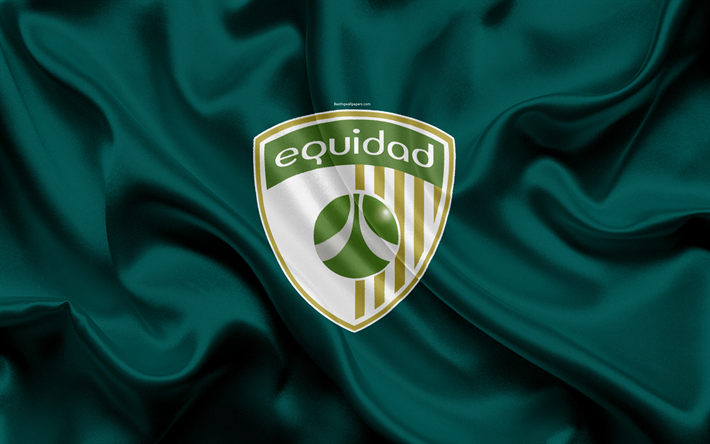 Club Deportivo La Equidad, 4k, logo, Colombian football club, silk texture, green flag, Categoria Primera A, Bogota, Colombia, football, Liga Aguila