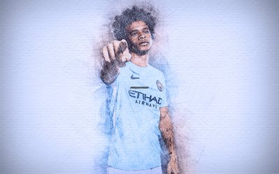 Leroy Sane, 4k, artwork, football stars, Manchester City, Aguero, soccer, Premier League, Man City, footballers, drawing Sane, FC Manchester City