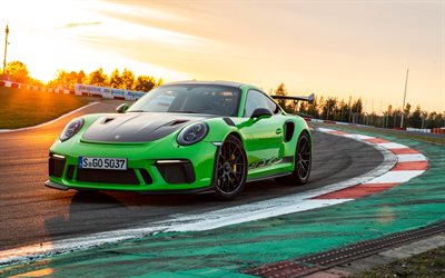 Porsche 911 GT3 RS, 4k, los coches de carreras, 2018 coches, pista de carreras, paquete Weissach, supercars, verde Porsche 911, los coches alemanes, Porsche