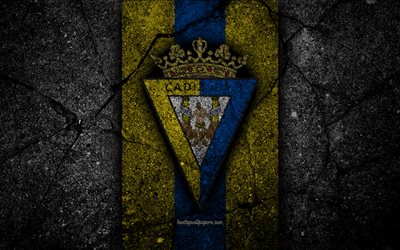 4k, FC Cadiz, logo, Segunda Division, soccer, black stone, football club, Spain, Cadiz CF, LaLiga2, asphalt texture, Cadiz FC