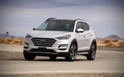 Hyundai Tucson, a&#241;o 2019, 4k, exterior, vista de frente, de cruce, de carretera, la velocidad, el nuevo blanco de Tucson, coches coreanos de Hyundai